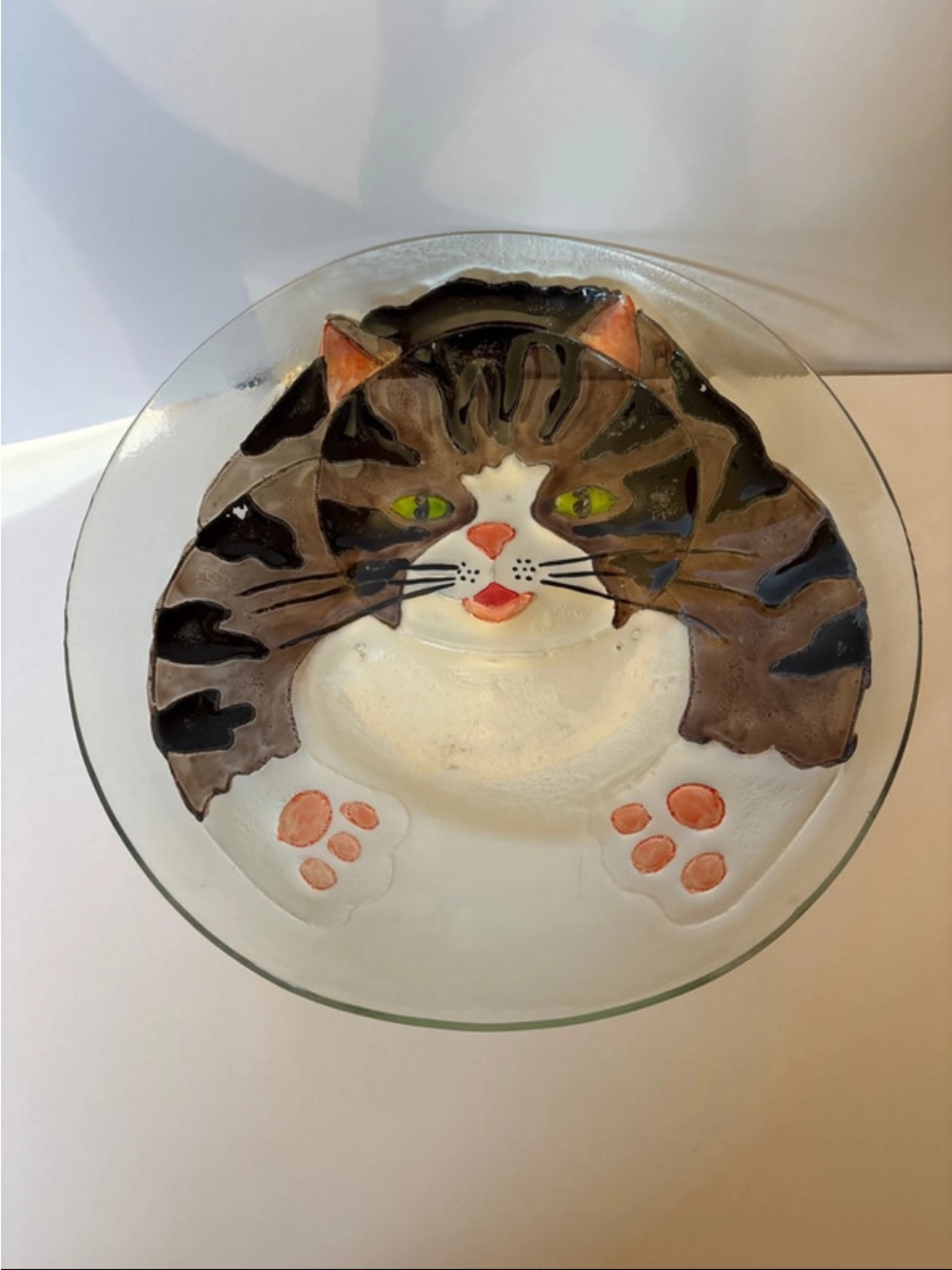 Decorative reverse painted Cat Glass Bowl - Brown/White Cat Design